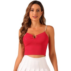 Allegra K Women's Sparkly Glitter Rhinestones Spaghetti Straps Cut Out Cocktail Party Cropped Camisole - 1 of 4