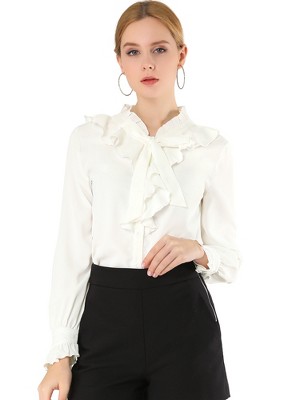 Allegra K Women's Ruffle Tie Neck Ruffle Cuff Button Front Solid Work ...