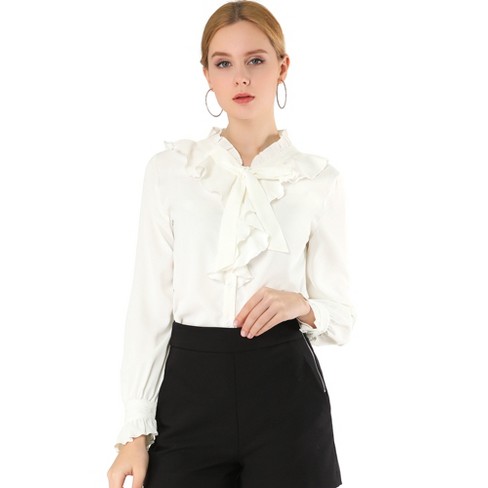 Resten mirakel Afvise Allegra K Women's Ruffle Neck Tie Neck Ruffle Cuff Button Front Solid Work  Shirt White X Large : Target