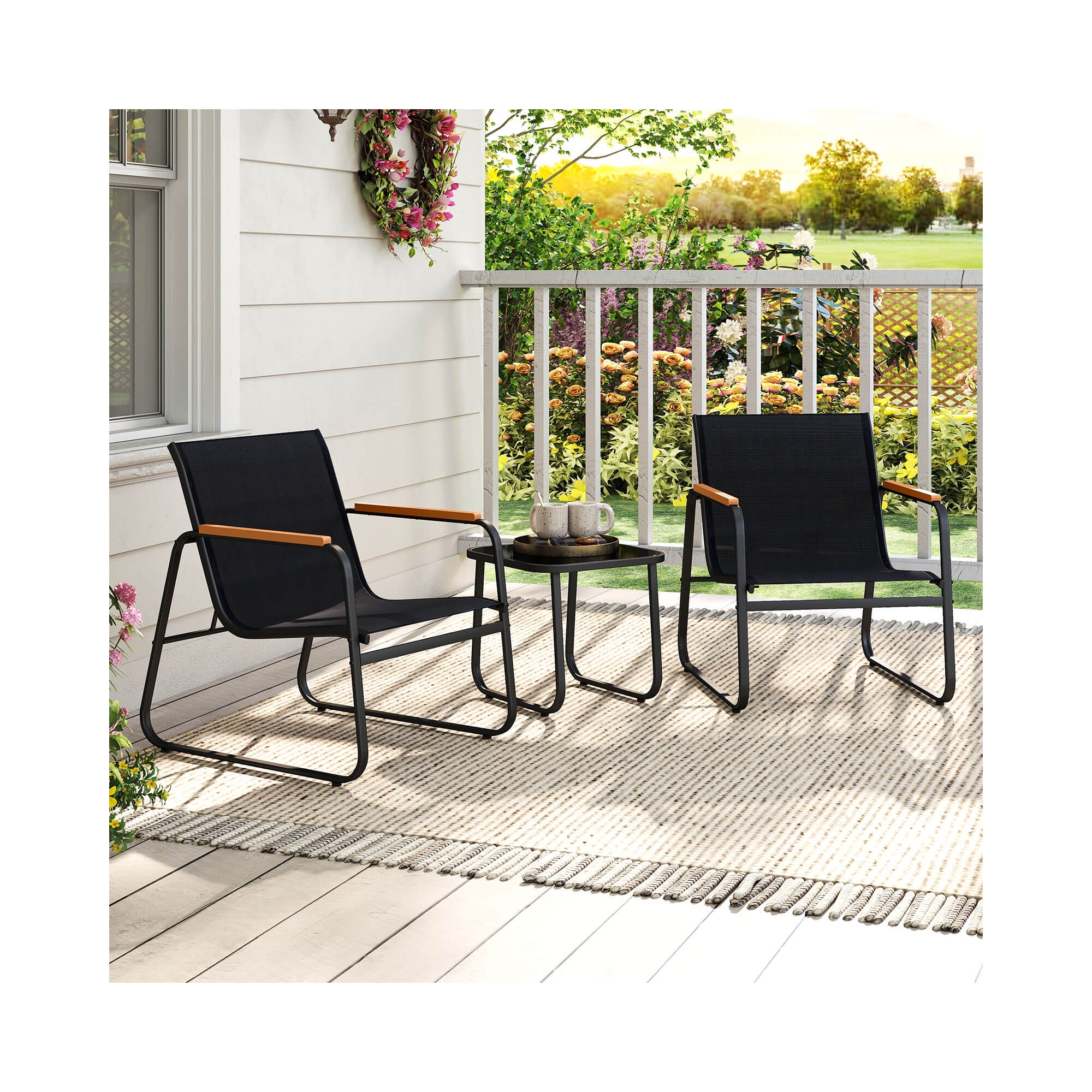 Costway 3 PCS Patio Bistro Set with Cushions & Tempered Glass Coffee Table for Balcony, Lawn