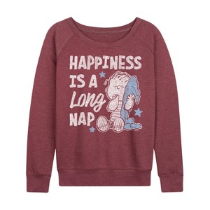 Women's - Peanuts - Linus Happiness Is A Long Nap Lightweight French Terry Wide Neck Long Sleeve Graphic Shirt - 1 of 4