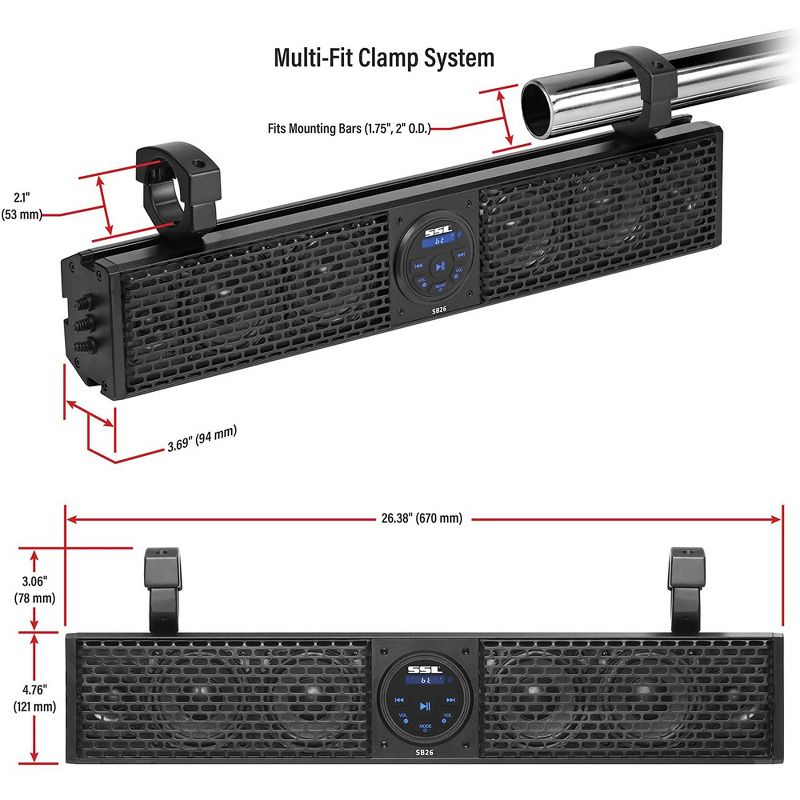 SOUNDSTORM Weatherproof 26 Inch Class A/B Portable Audio System Bluetooth MP3 Smartphone Sound Bar Speaker with Wireless Remote and ATV/UTV Clamps, 2 of 6