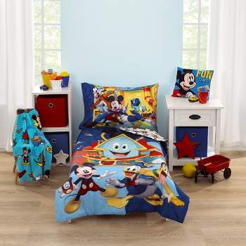 Disney Mickey Mouse Funhouse Crew Blue, Red and Yellow, Funny, Donald Duck, Goofy and Pluto 4 Piece Toddler Bed Set