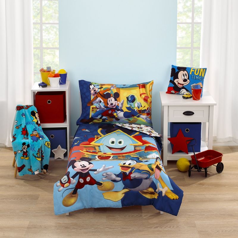 Disney Mickey Mouse Funhouse Crew Blue, Red and Yellow, Funny, Donald Duck, Goofy and Pluto 4 Piece Toddler Bed Set, 1 of 7