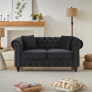 63.5" Velvet Modern Chesterfield Sofa with Button Tufted and Nail-Trimmed Arms, Includes 2 Cushions, Upholstered Fabric with Wood Legs for Living Room - 1 of 4