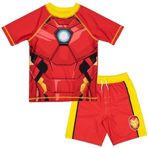 Marvel Avengers Spider-Man Captain America Hulk Iron Man Pullover Rash Guard & Swim Trunks Outfit Set Toddler to Big Kid - 1 of 4
