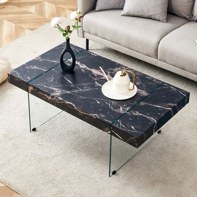 CAVINAS Rectangle Coffee Table for Living Room,Bedroom,Center Table with Marble Patterned Tabletop and Tempered Glass Legs