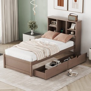 RISOKEYS Modern Twin Size Wooden Bed Frame with Bookcase Headboard and 2 Drawers for Storage,No Box Spring Needed,Perfect for Teens and Adults - 1 of 4