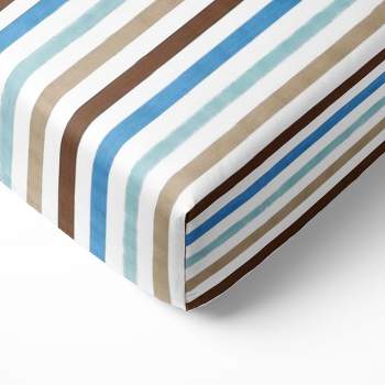 Bacati - Pin Stripes Printed Aqua Teal Beige Chocolate 100 percent Cotton Universal Baby US Standard Crib or Toddler Bed Fitted Sheet