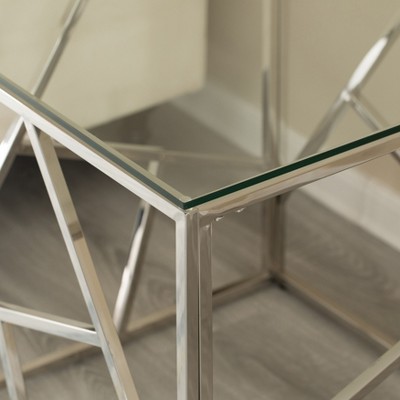 Modern Silver Metal End Table with Tempered Glass Top