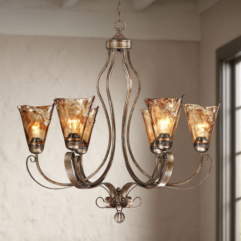 Franklin Iron Works Amber Scroll Golden Bronze Large Chandelier 31 1/2" Wide Rustic Art Glass 6-Light Fixture for Dining Room House Kitchen Island, 2 of 9