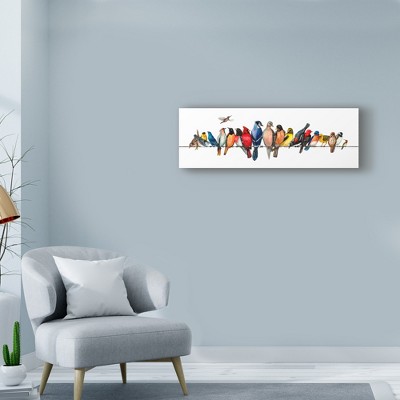 Colorful Tropical Birds on Wire Canvas Print, 8x24 Inch