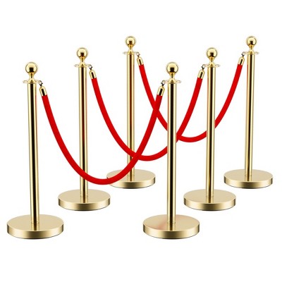 Stainless Steel Stanchion Post,Stanchions with Red Rope,Hollow Base and Velvet Ropes Safety Barriers Set