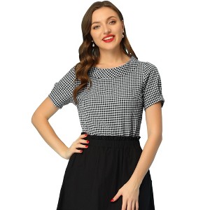 Allegra K Women's 1950s Round Neck Short Sleeve Gingham Tops - 1 of 4