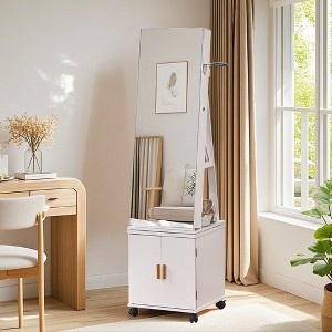 VECELO Mirrored Jewelry Cabinet 360° Swivel Freestanding Jewelry Organizer LED-Lit Makeup Organizer with Bottom Storage Cabinet, White - 1 of 4