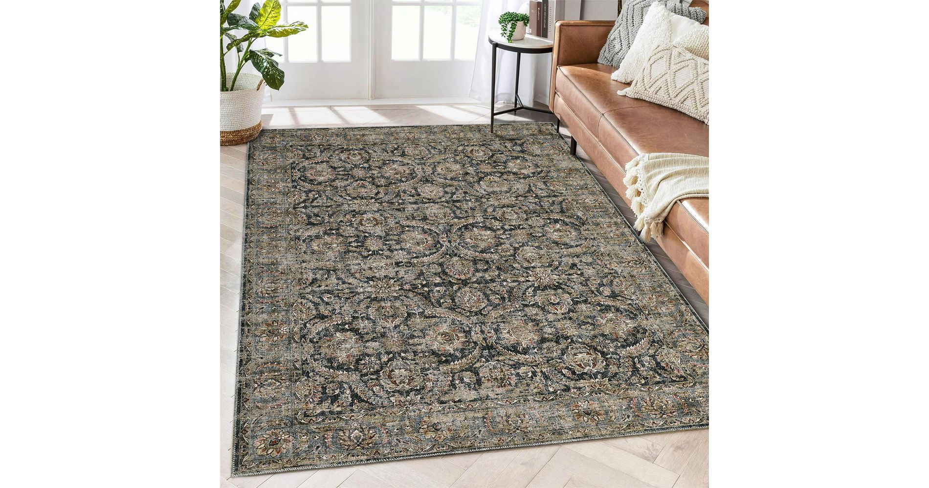 Washable Area Rugs for Living Room Vintage Distressed Printed Rug Carpet Floral Rug, 9'x12' Black