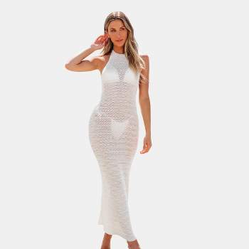 Women's White Knit Halterneck Sleeveless Maxi Dress - Cupshe