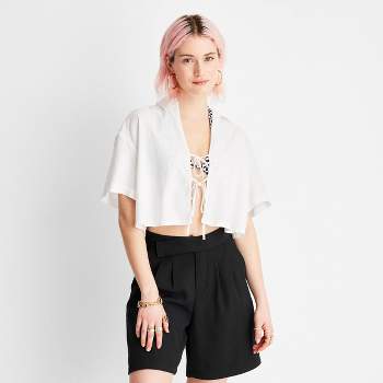Women's Short Sleeve Linen Collared Tie-Front Shirt - Future Collective™ with Alani Noelle White