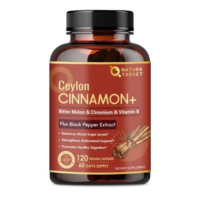 NATURE TARGET Ceylon Cinnamon Supplements Plus Chromium, Bitter Melon, Vegetarian - 120 Capsules
