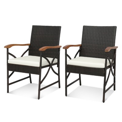 Tangkula Set of 2 PE Wicker Dining Chairs w/ Soft Zippered Cushions Armchairs Patio