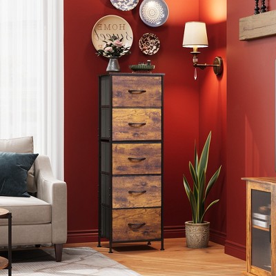 5-Drawer Tall Fabric Dresser with Wood Top, Storage Organizer Chest for Bedroom, Closet, Hallway, Sturdy Steel Frame