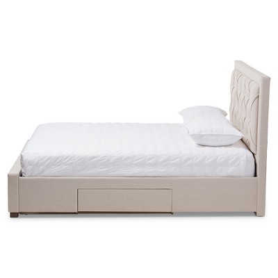 Luxurious King-Sized Light Beige Upholstered Bed with Tufted Headboard and Storage Drawers