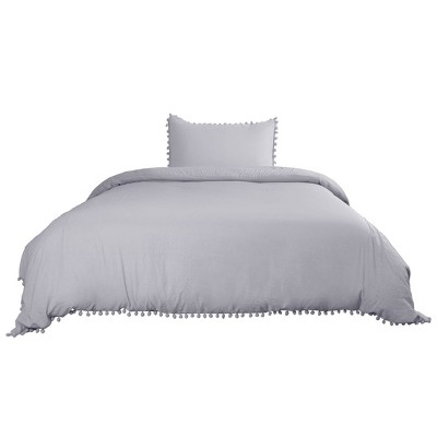3 Pcs Washed Polyester With Pompoms Tassels Bedding Sets Queen Gray -  Piccocasa : Target