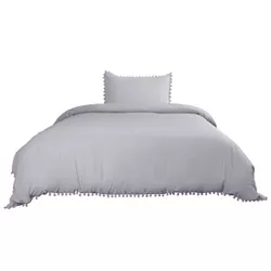 PiccoCasa 2 Pcs Soft Washed Polyester Pompon Bedding Duvet Cover Set Gray Twin