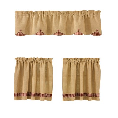 Tan and Red Burlap Scalloped Valance with Plaid Accents