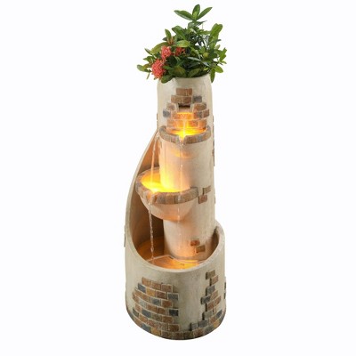 Ivory 3-Tier Cascading Outdoor Water Fountain with Planter and LED Lights