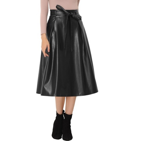 Allegra K Women s Faux Leather High Waist Belted A line Flare Midi