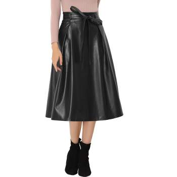 Allegra K Women's Faux Leather High Waist Belted A-line Flare Midi Skirts