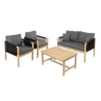 Tavira 4-Piece Modern Bohemian Acacia Wood Outdoor Patio Set with Cushions and Plain Decorative Pillows - JONATHAN Y