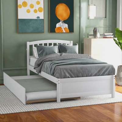ALEXOUN Solid Wood Twin Size Platform Bed Frame with Trundle and Headboard, No Box Spring Needed,for Teens Boys Girls Bedroom,Room