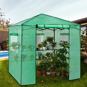 EAGLE PEAK 7x7 Pop-up Greenhouse, Portable Walk-in Outdoor Green House with 2 Foldable Shelves and 3 Mesh Windows, Green/Clear - 1 of 4