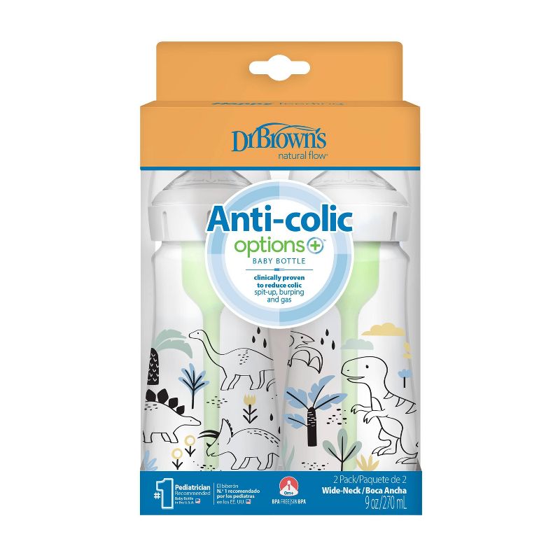 Dr. Brown&#39;s Anti-Colic Options+ Wide-Neck Baby Bottle - Dino Designs - 9 fl oz/2pk, 2 of 9