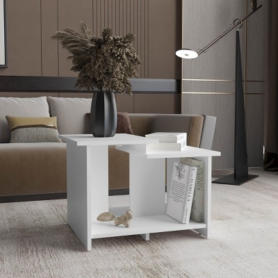 FURNIinspire Coffee Tables Small Modern End Table, Living Room Side Table With Open Shelf, Home Office Storage Organizer, White, 17.7"*23.6"*16.6"