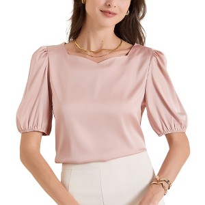 INSPIRE CHIC Women's Work Elegant Sweetheart Neck Half Puff Sleeve Office Work Satin Blouse - 1 of 4
