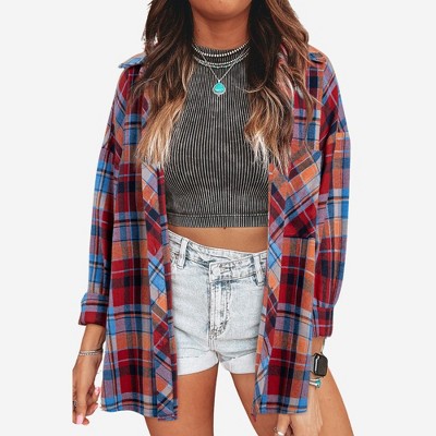 Amaryllis Women’s Oversized Button Down Plaid Shirt Long Sleeve Collared Front Pocket Raw Hem