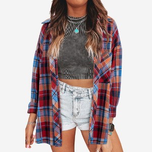Amaryllis Women’s Oversized Button Down Plaid Shirt Long Sleeve Collared Front Pocket Raw Hem - 1 of 4