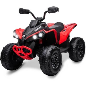 12V Ride on Toy 4 Wheeler Quad Electric Vehicle, with LED Lights, Spring Suspension, Music, USB, Treaded Tires, Red - 1 of 4