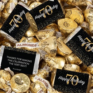 128 Pcs 70th Birthday Candy Party Favors Hershey's Miniatures and Gold Almond Kisses by Just Candy (1.58 lbs) - 1 of 4