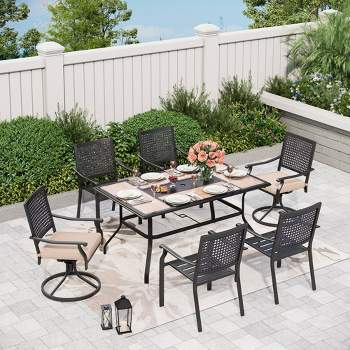 7pc Outdoor Dining Set with Faux Wood Top & Metal Frame & Wrought Iron Chairs - Beige - Captiva Designs