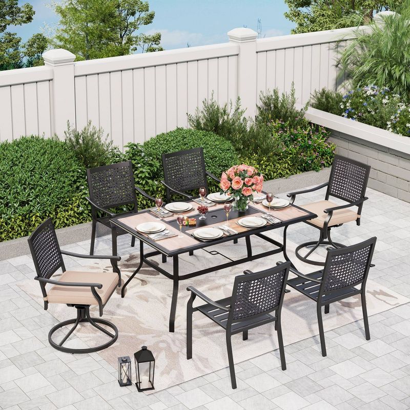 7pc Outdoor Dining Set with Faux Wood Top &#38; Metal Frame &#38; Wrought Iron Chairs - Beige - Captiva Designs, 1 of 19