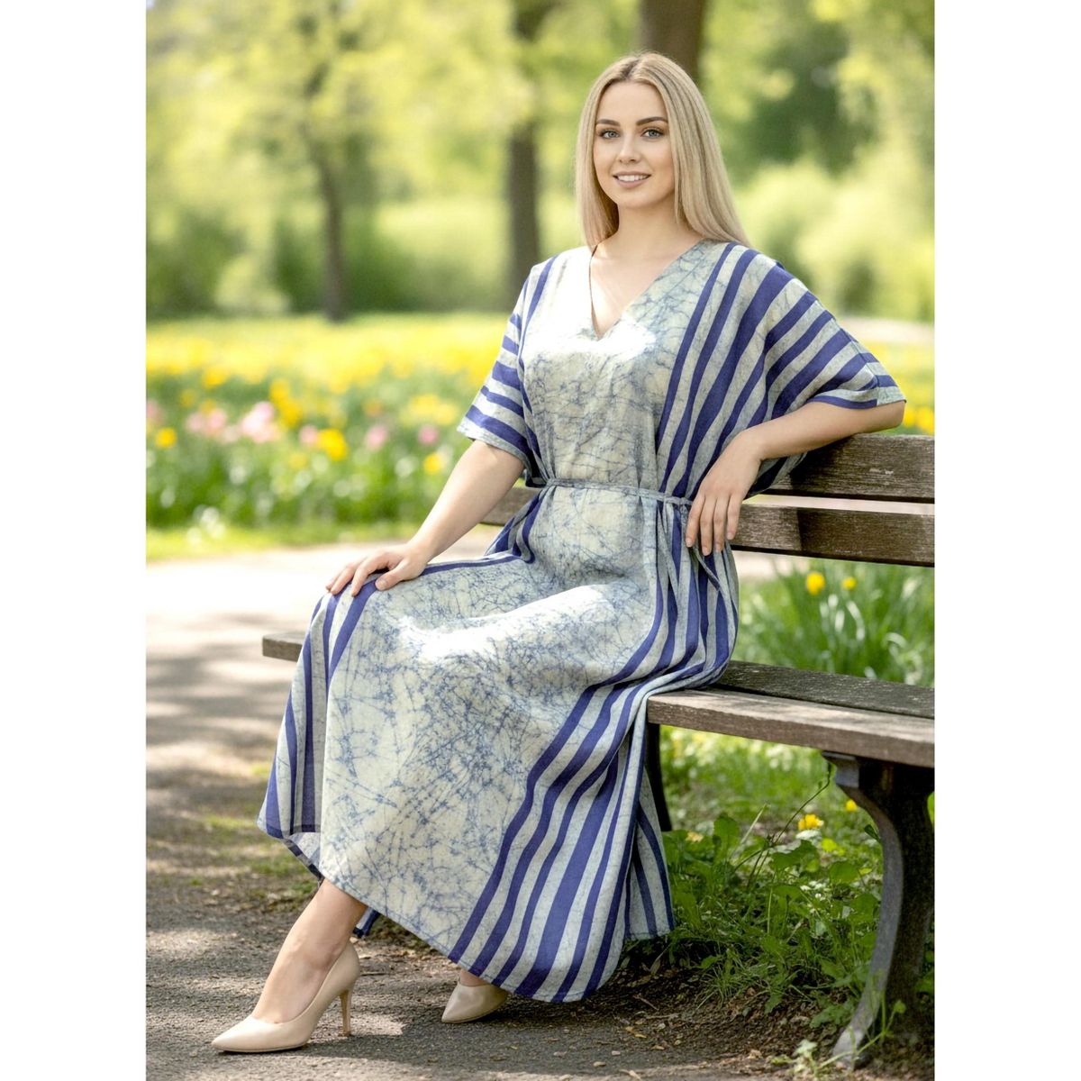 LA LEELA Summer Cotton Vacation Ready Caftan Dress for Women Resortwear Cruise Holiday Travel Loungewear Style 2X-3X Blue Stripe - thumbnail 4