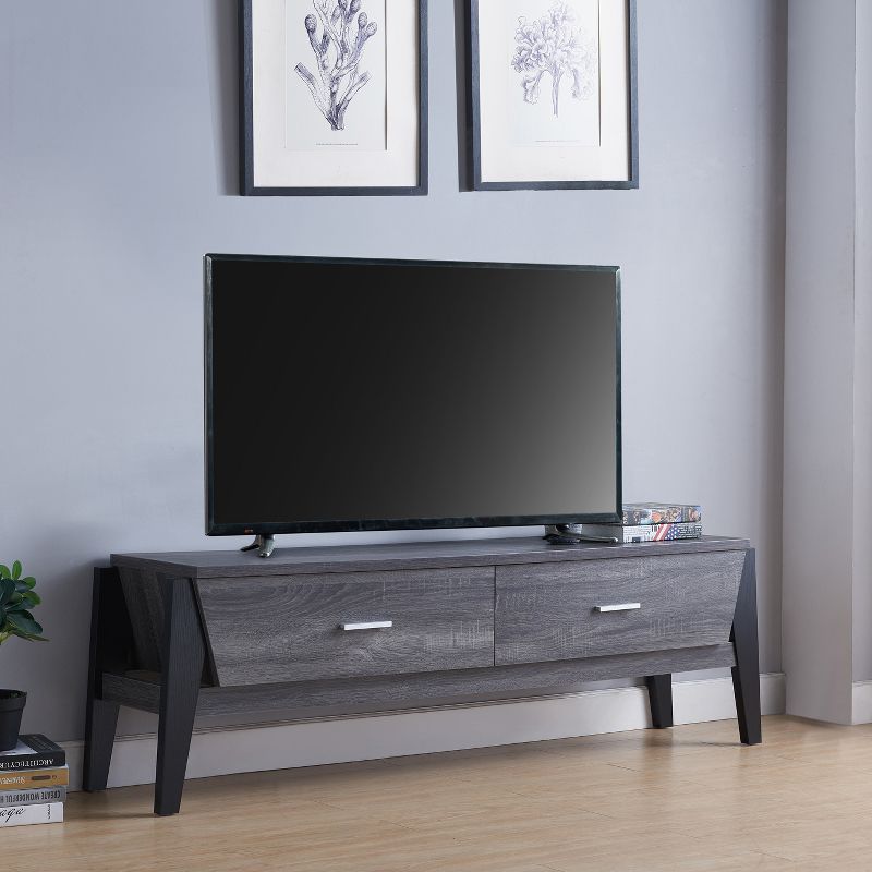 FC Design Two-Toned 65"W Modern TV Stand with Two Drawers in Distressed Grey & Black Finish, 2 of 4