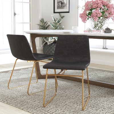 Elegant Dark Gray LeatherSoft 18" Dining Chair with Gold Metal Base, Set of 2