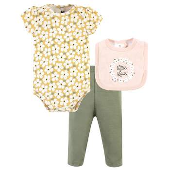 Hudson Baby Infant Girl Cotton Bodysuit, Pant and Bib Set, Sage Floral Wreath