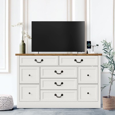 9 Drawer Dresser with Charging Station, 54" Wide Wood Dresser with Metal Handle, Vintage TV Stand, Chest of Drawers
