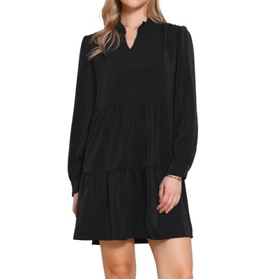 INSPIRE CHIC Women's Fall Ruffled V neck Long Sleeve Flowy Babydoll Tiered Shift Tunic Dress